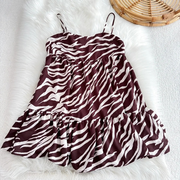Resa Zebra Print Ruffle Mini Dress Brown White Pockets - Picture 4 of 9